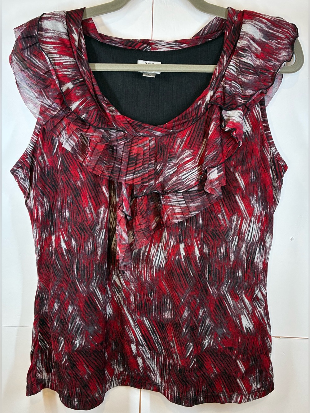 Worthington Red Abstract Ruffle Flutter Sleeve Blouse Lined Size Large